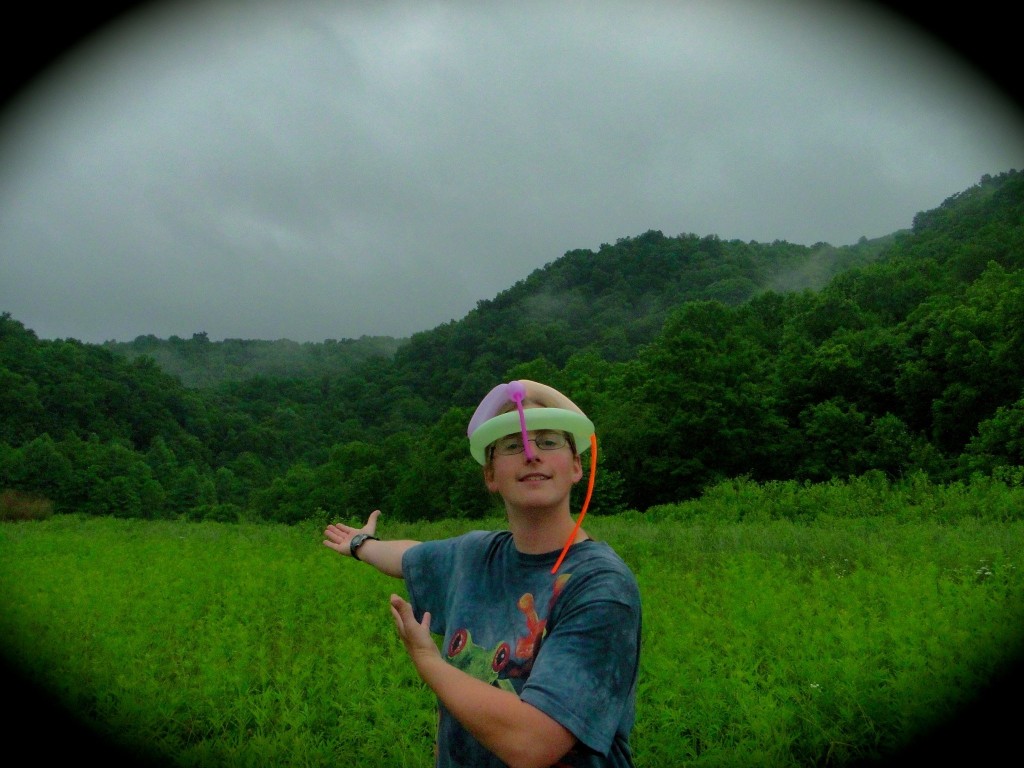 Rebecca in field with balloon hat
